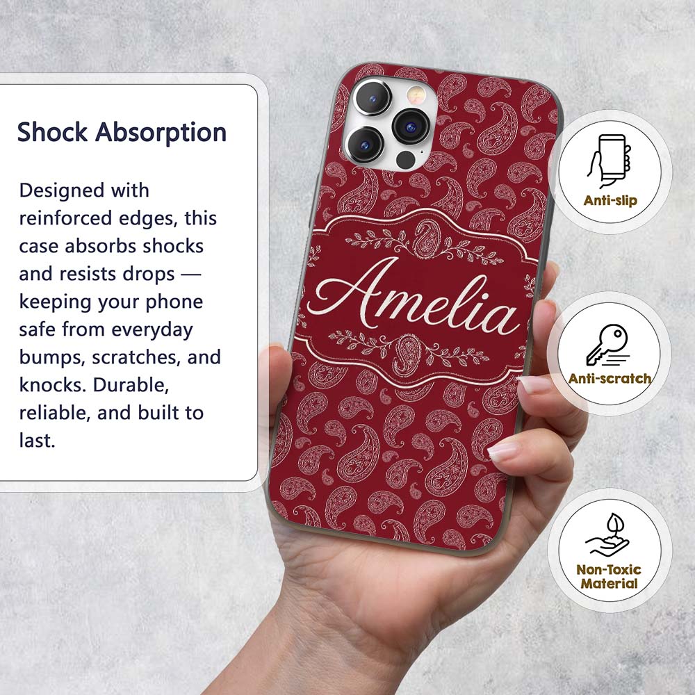 Elegant White Paisley Pattern Ruby Backgrounds Custom Name Protective Phone Case Mobile Cover Durable Everyday Smartphone Shock Resistant