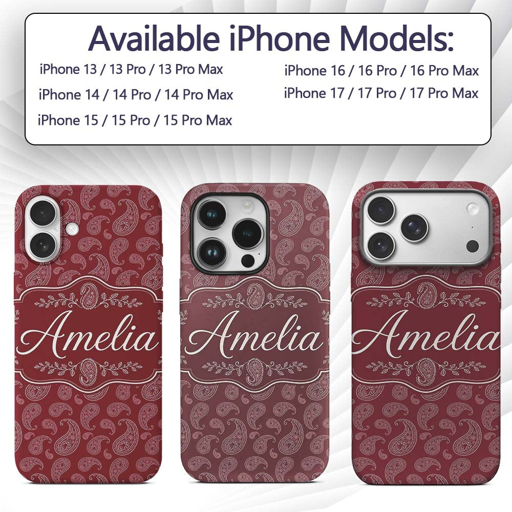 Elegant White Paisley Pattern Ruby Backgrounds Custom Name Protective Phone Case Mobile Cover Durable Everyday Smartphone Shock Resistant