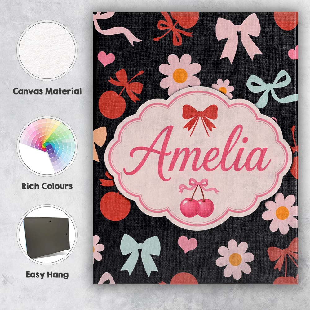 Personalised Name Cute Cherry Bow Daisy Heart Seamless Pattern on Custom Bespoke Canvas Wall Art Print Decor Picture Ready to Hang