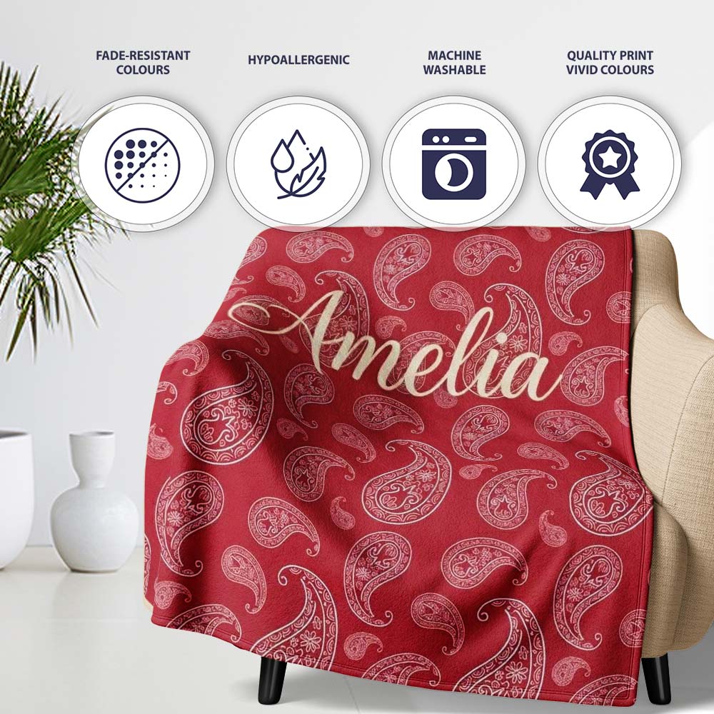 Elegant White Paisley Pattern Wine Backgrounds Name Cute Unique Gift Personalised Custom Name Super Soft Fleece Blanket Bed Sofa Throw