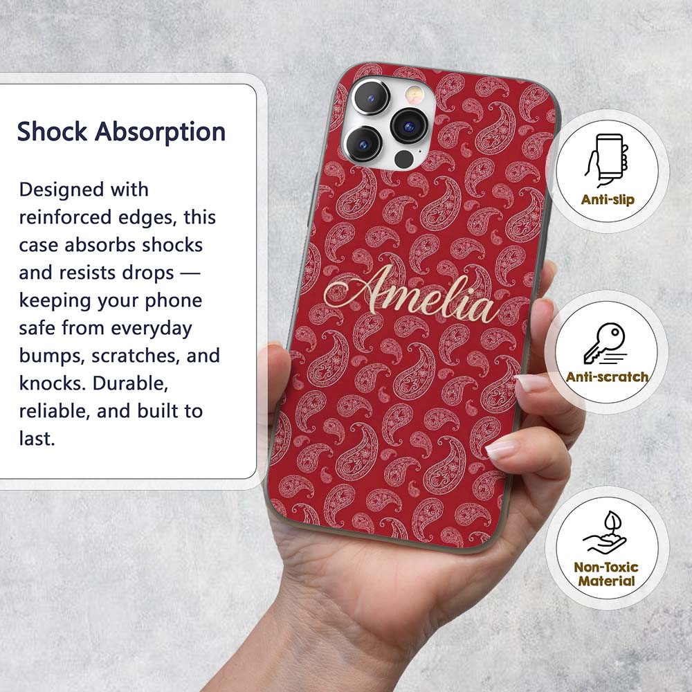 Elegant White Paisley Pattern Wine Backgrounds Custom Name Protective Phone Case Mobile Cover Durable Everyday Smartphone Shock Resistant