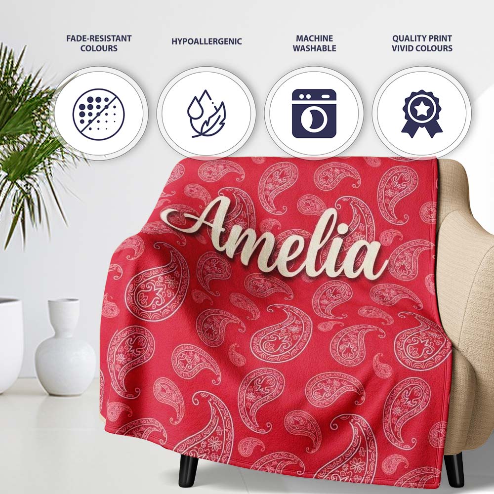 Elegant White Paisley Pattern Deep Backgrounds Name Cute Unique Gift Personalised Custom Name Super Soft Fleece Blanket Bed Sofa Throw