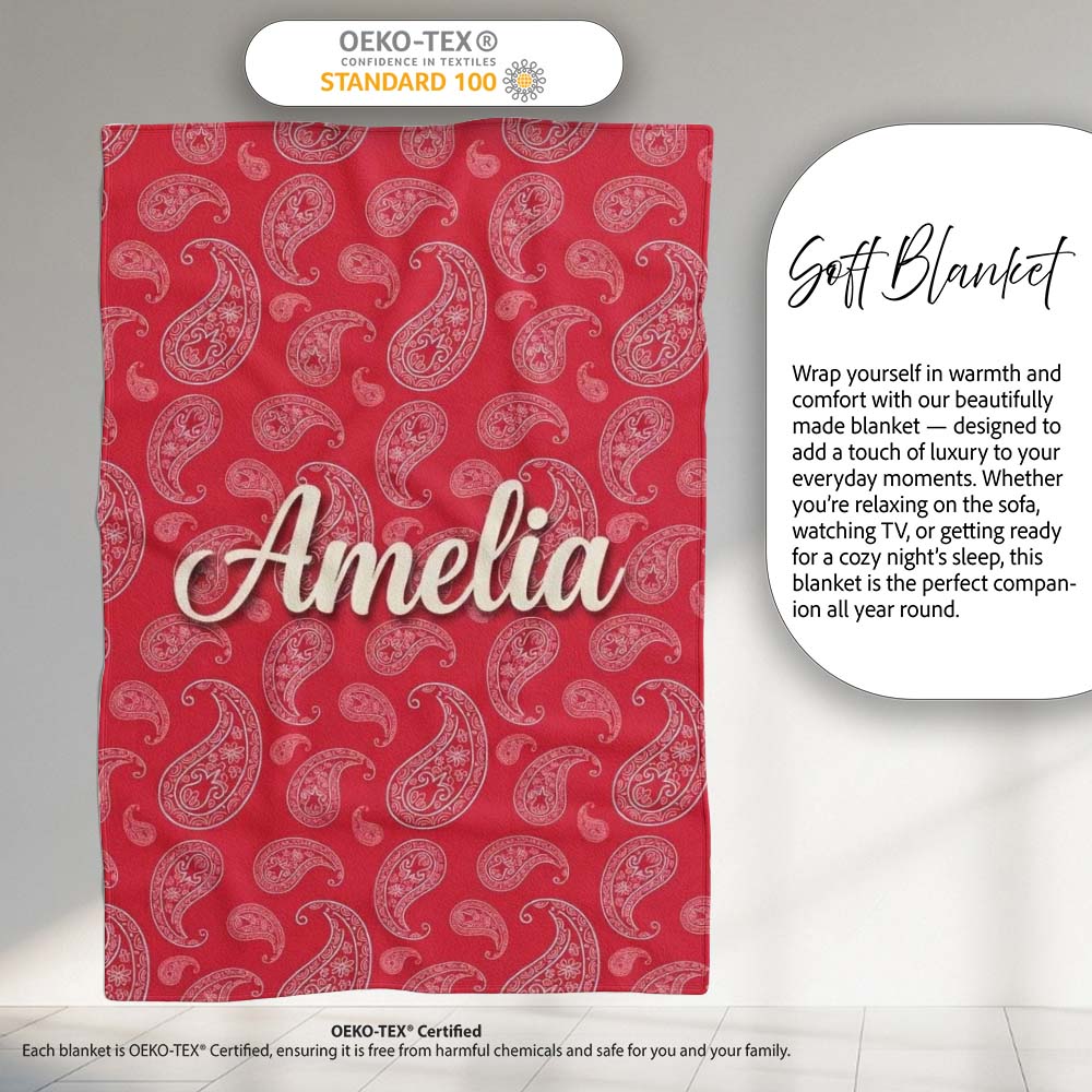 Elegant White Paisley Pattern Deep Backgrounds Name Cute Unique Gift Personalised Custom Name Super Soft Fleece Blanket Bed Sofa Throw