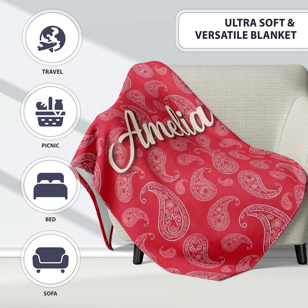Elegant White Paisley Pattern Deep Backgrounds Name Cute Unique Gift Personalised Custom Name Super Soft Fleece Blanket Bed Sofa Throw