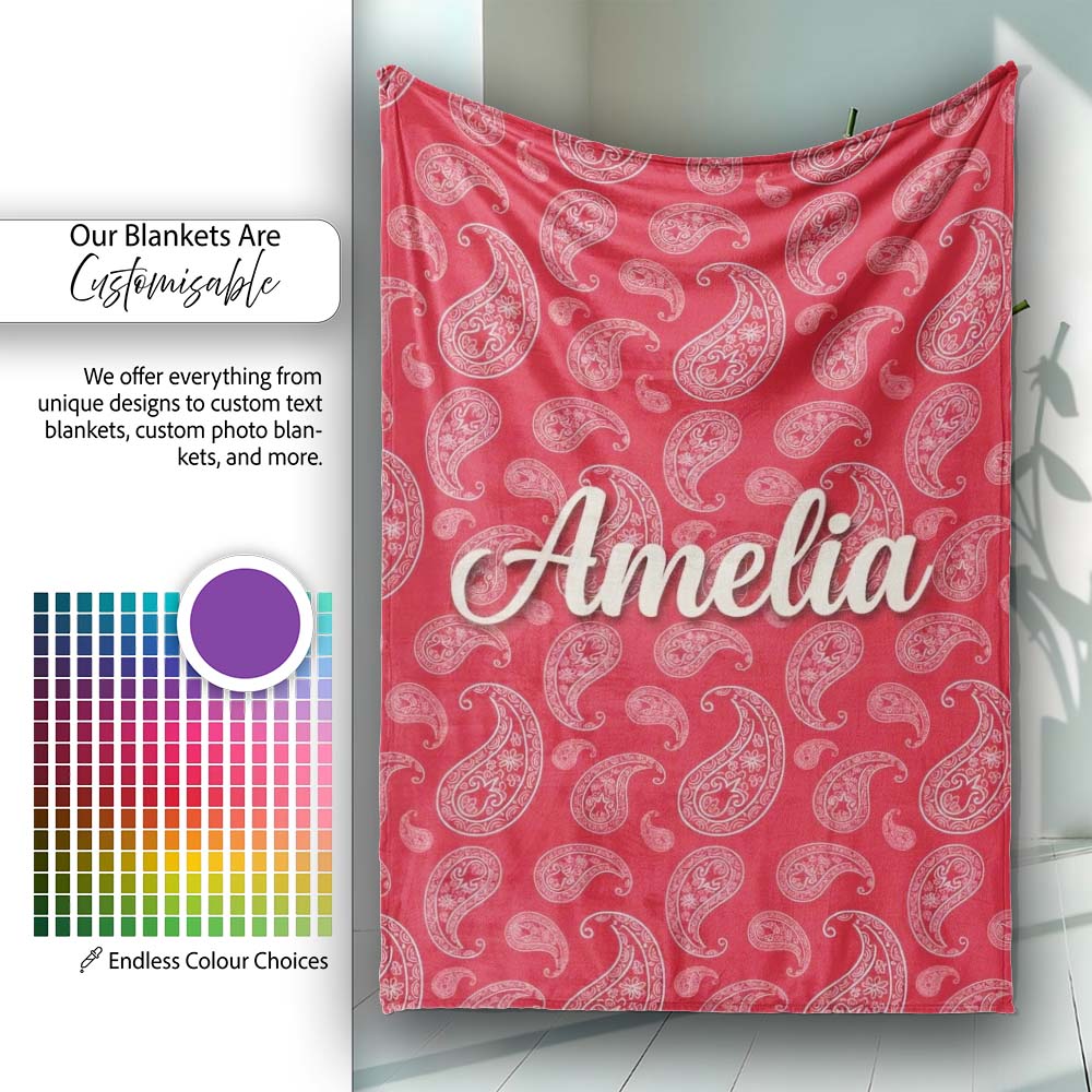 Elegant White Paisley Pattern Deep Backgrounds Name Cute Unique Gift Personalised Custom Name Super Soft Fleece Blanket Bed Sofa Throw