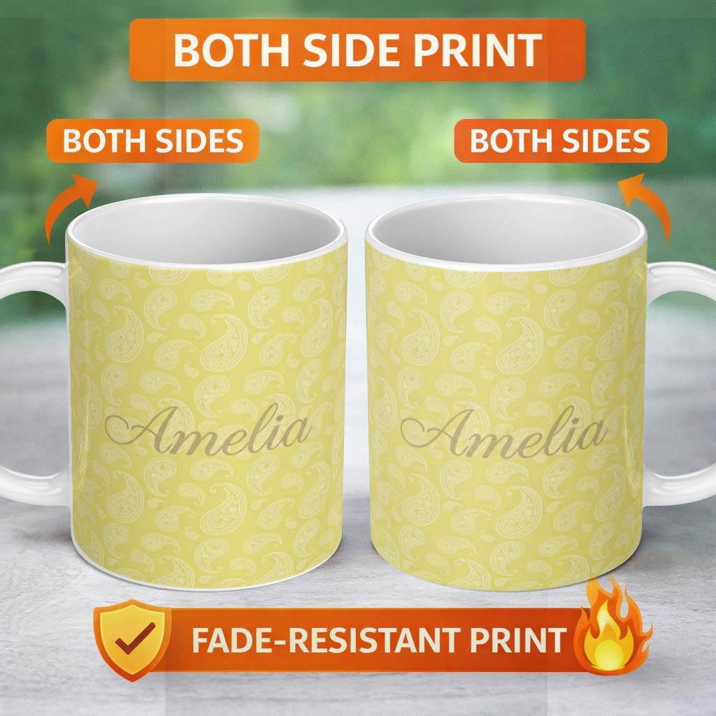 Personalized Custom Name Elegant White Paisley Pattern Gold Backgrounds Name Cute Unique Gift 11oz Ceramic Coffee Tea Mug White Large Handle