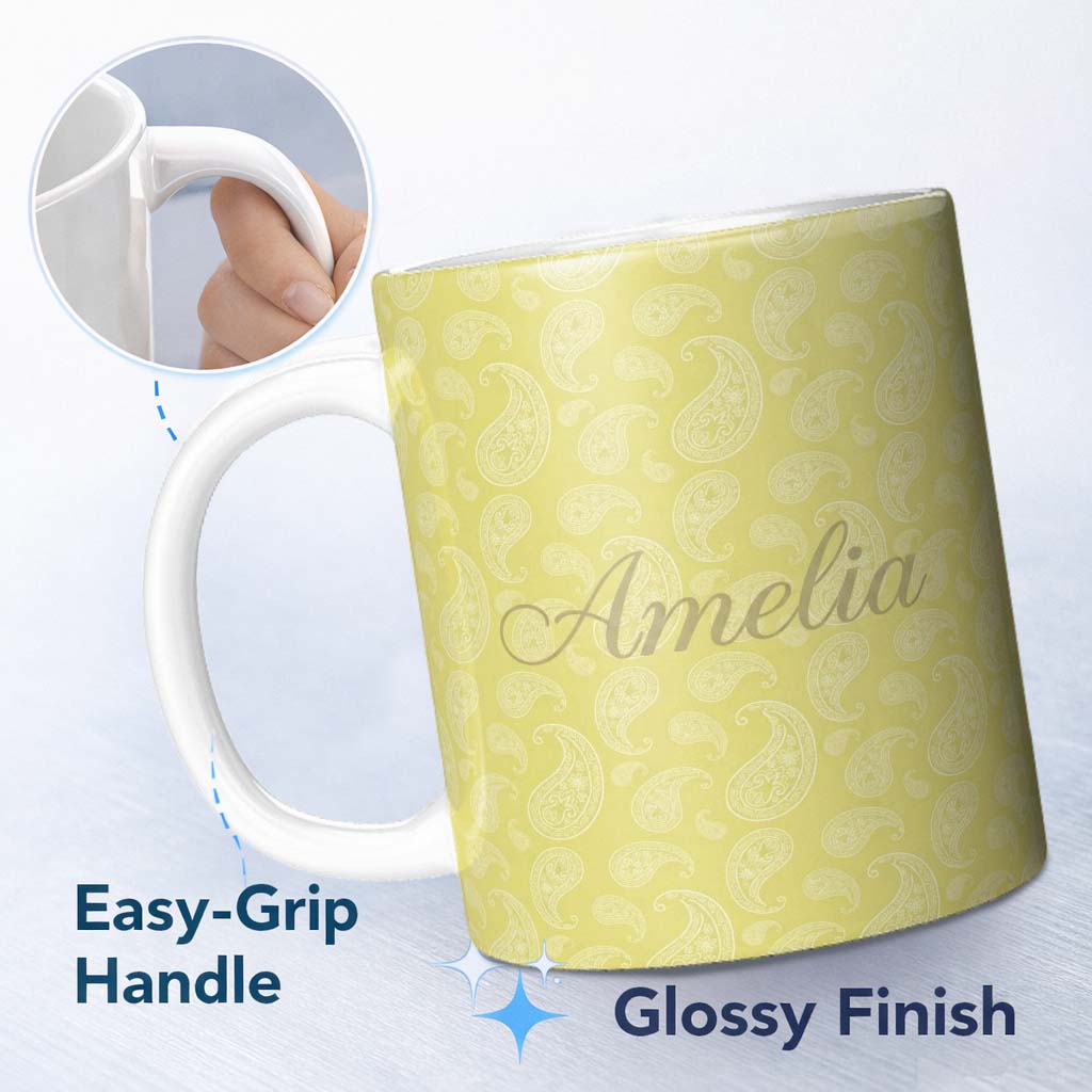 Personalized Custom Name Elegant White Paisley Pattern Gold Backgrounds Name Cute Unique Gift 11oz Ceramic Coffee Tea Mug White Large Handle