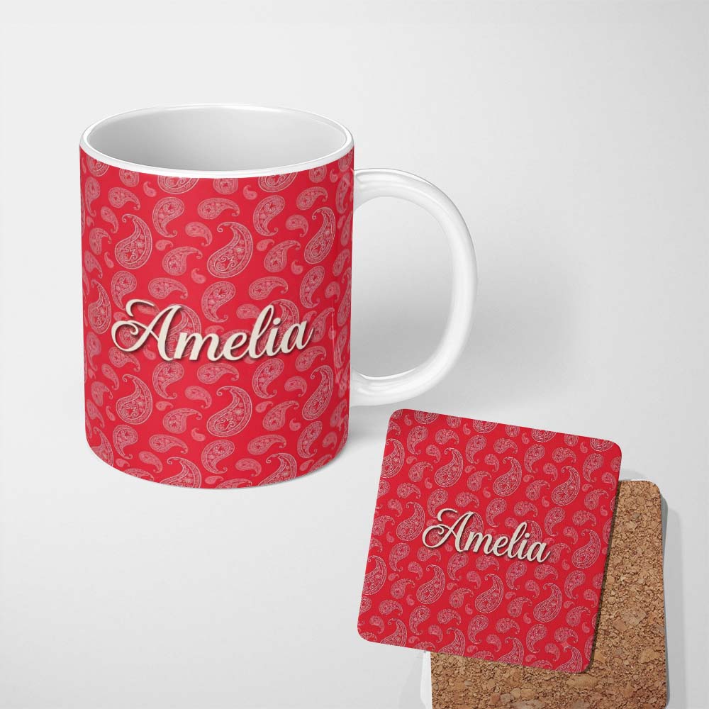 Personalized Custom Name Elegant White Paisley Pattern Coral Backgrounds Name Cute Unique 11oz Ceramic Coffee Tea Mug White Large Handle