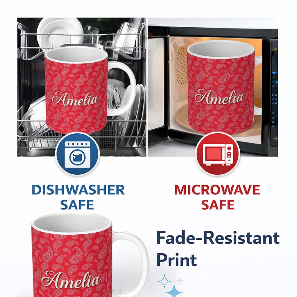 Personalized Custom Name Elegant White Paisley Pattern Coral Backgrounds Name Cute Unique 11oz Ceramic Coffee Tea Mug White Large Handle