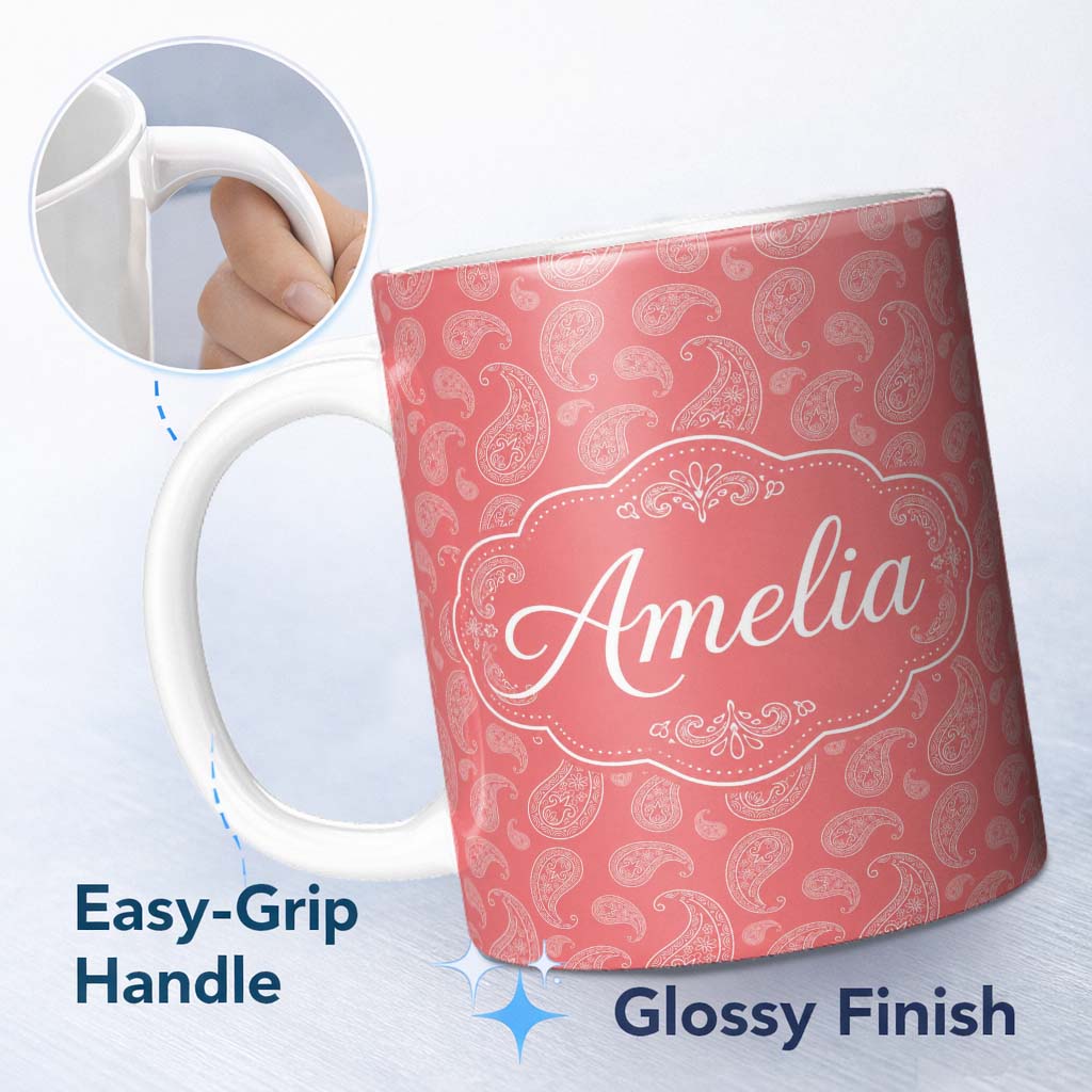Personalized Custom Name Elegant White Paisley Pattern Blush Background Name Cute Unique Gift 11oz Ceramic Coffee Tea Mug White Large Handle