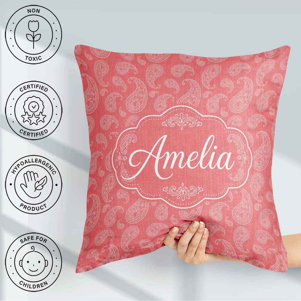 Custom Name Elegant White Paisley Pattern Blush Background Name Square Filled Cushion Throw Pillow Sofa Bed Home Decor Zip Washable UK Made