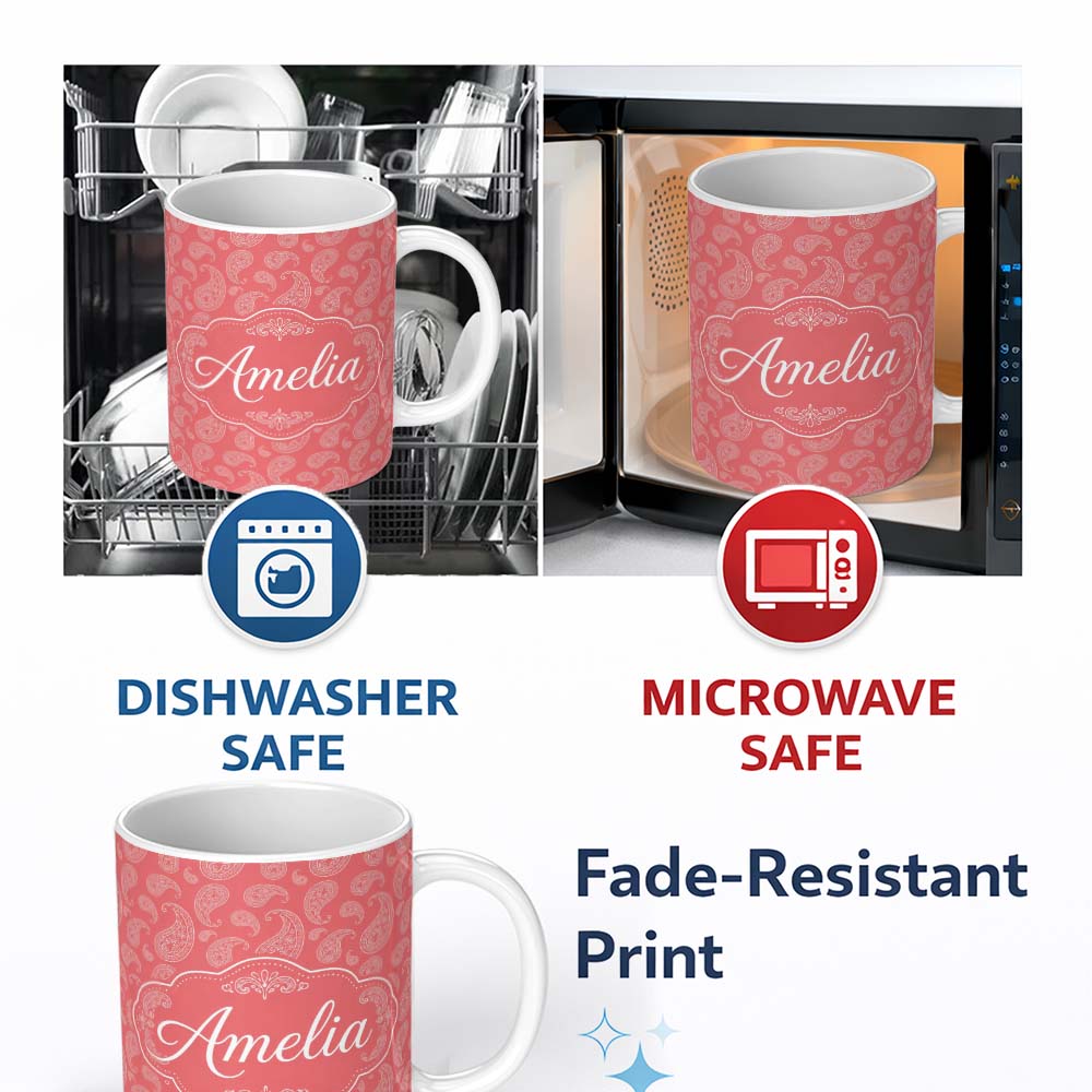 Personalized Custom Name Elegant White Paisley Pattern Blush Background Name Cute Unique Gift 11oz Ceramic Coffee Tea Mug White Large Handle