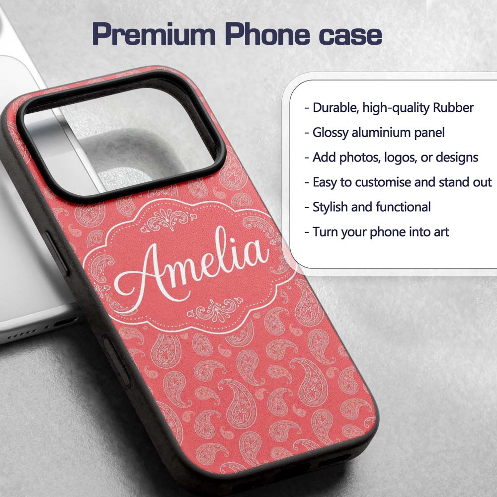 Elegant White Paisley Pattern Blush Background Custom Name Protective Phone Case Mobile Cover Durable Everyday Smartphone Shock Resistant