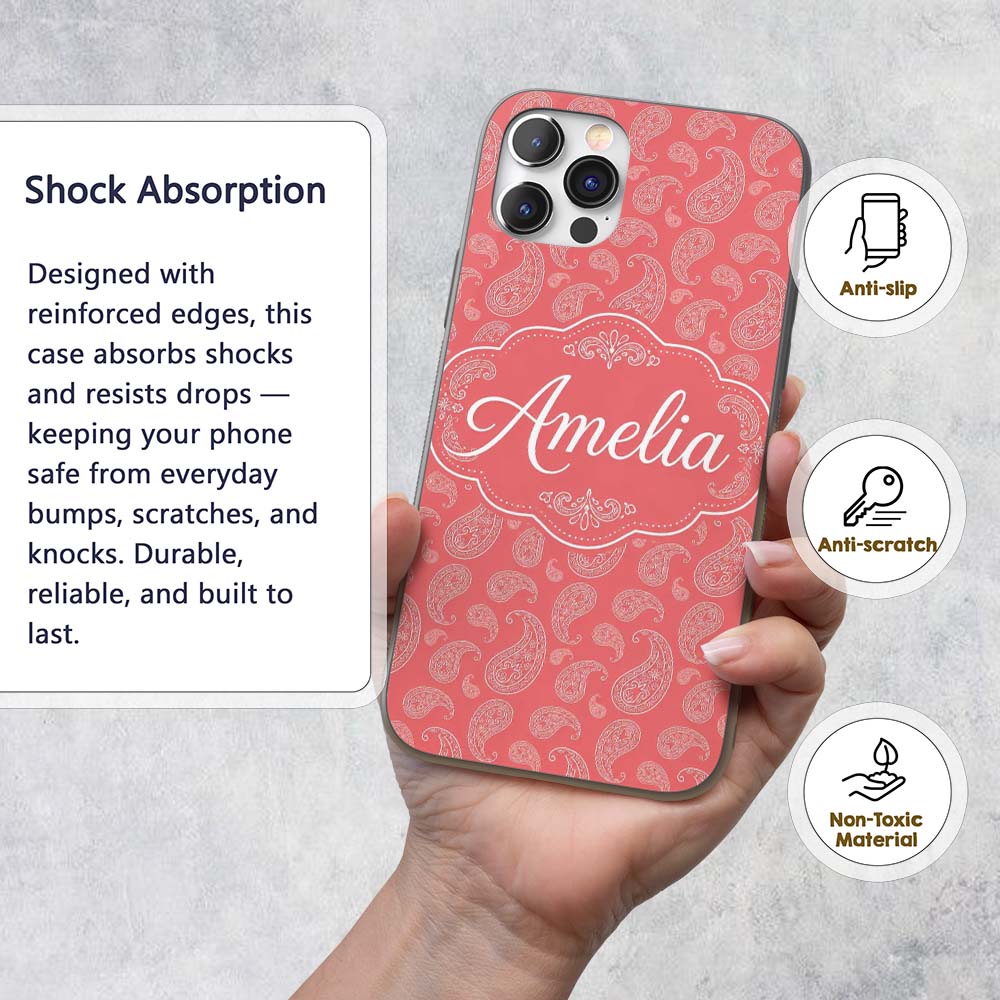 Elegant White Paisley Pattern Blush Background Custom Name Protective Phone Case Mobile Cover Durable Everyday Smartphone Shock Resistant