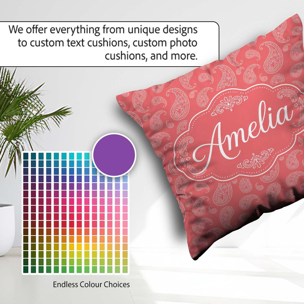 Custom Name Elegant White Paisley Pattern Blush Background Name Square Filled Cushion Throw Pillow Sofa Bed Home Decor Zip Washable UK Made
