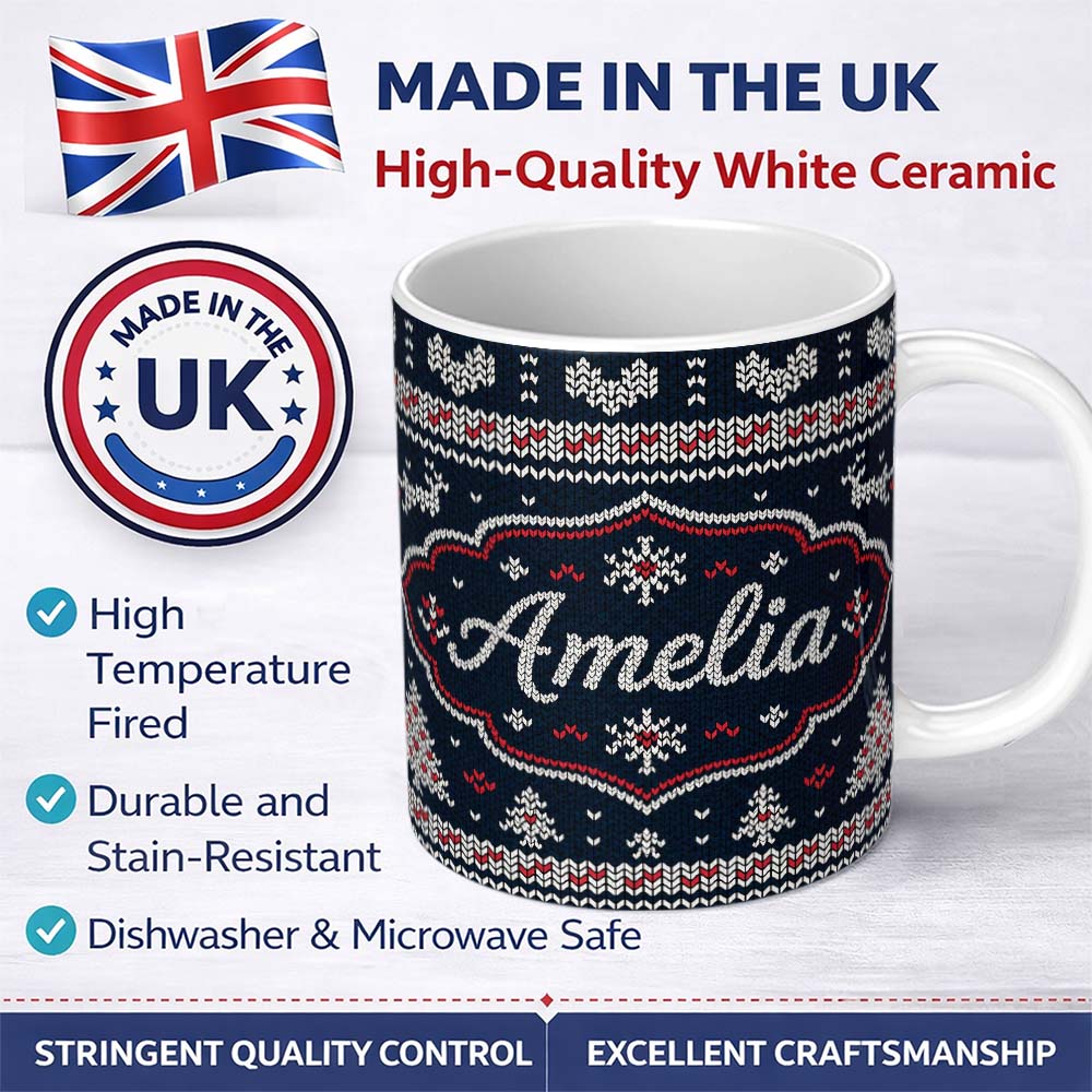Personalized Custom Name Blue Nordic Snowflake Knitted Pattern Seamless Winter Lovely 11oz Ceramic Coffee Tea Mug White Large Handle