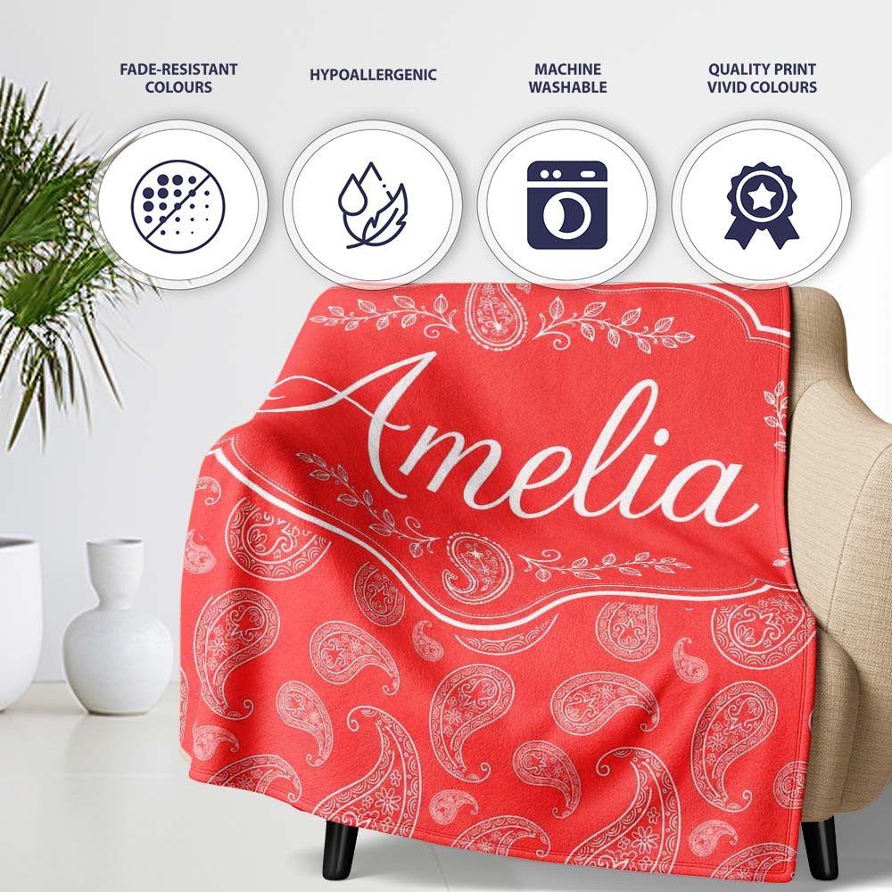 Elegant White Paisley Pattern Pink Background Cute Personalised Custom Name Super Soft Fleece Blanket Bed Sofa Throw