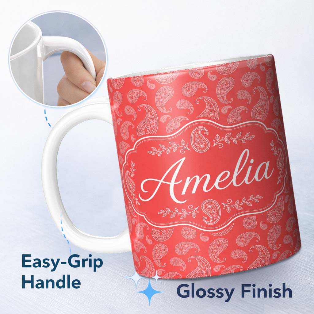 Personalized Custom Name Elegant White Paisley Pattern Pink Background Custom Name Cute 11oz Ceramic Coffee Tea Mug White Large Handle