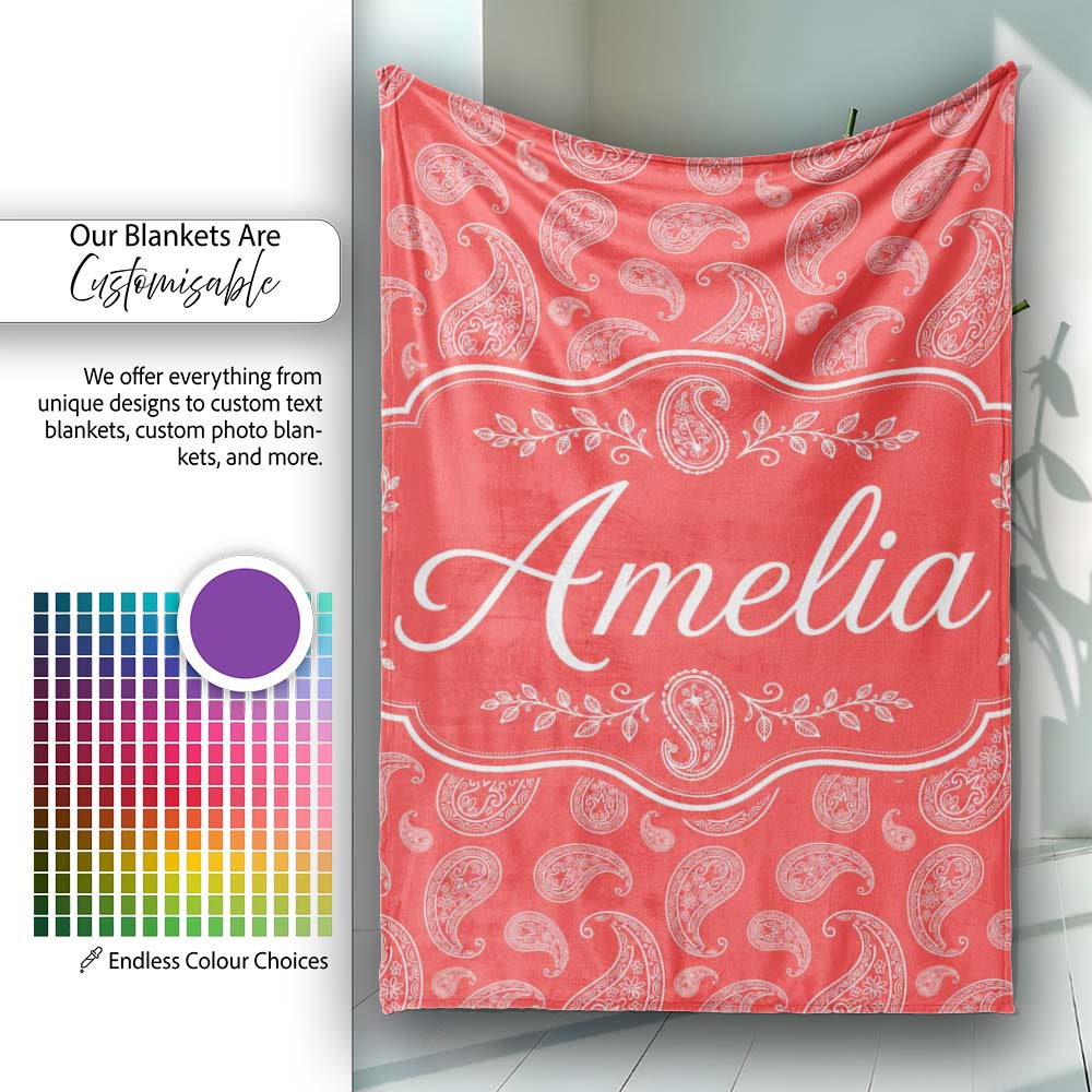 Elegant White Paisley Pattern Pink Background Cute Personalised Custom Name Super Soft Fleece Blanket Bed Sofa Throw