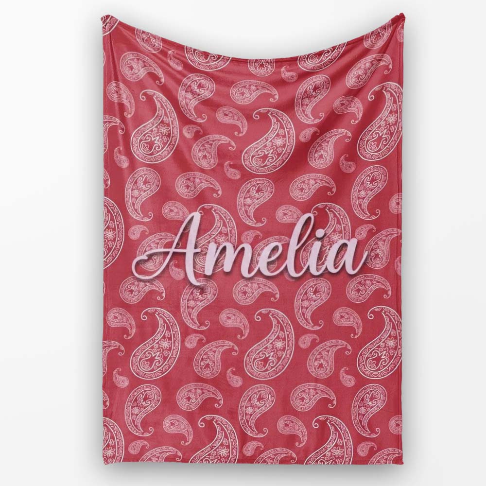 Elegant White Paisley Pattern Red Background Name Cute Unique Gift Personalised Custom Name Super Soft Fleece Blanket Bed Sofa Throw