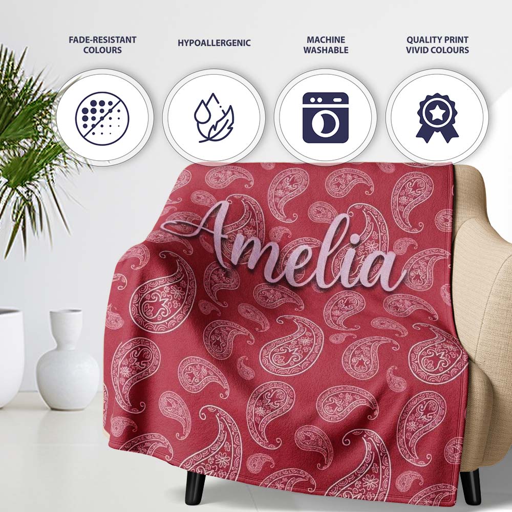 Elegant White Paisley Pattern Red Background Name Cute Unique Gift Personalised Custom Name Super Soft Fleece Blanket Bed Sofa Throw