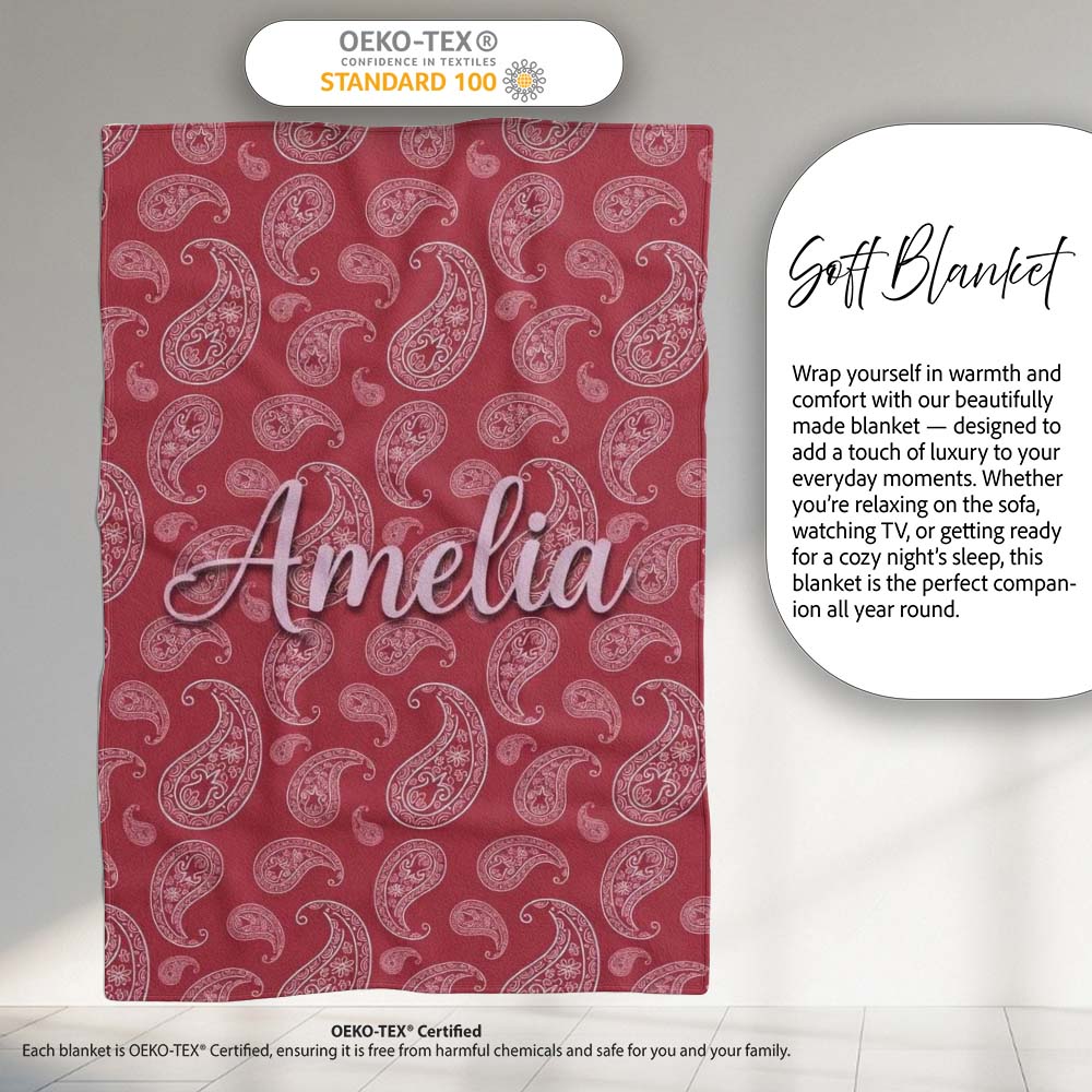 Elegant White Paisley Pattern Red Background Name Cute Unique Gift Personalised Custom Name Super Soft Fleece Blanket Bed Sofa Throw