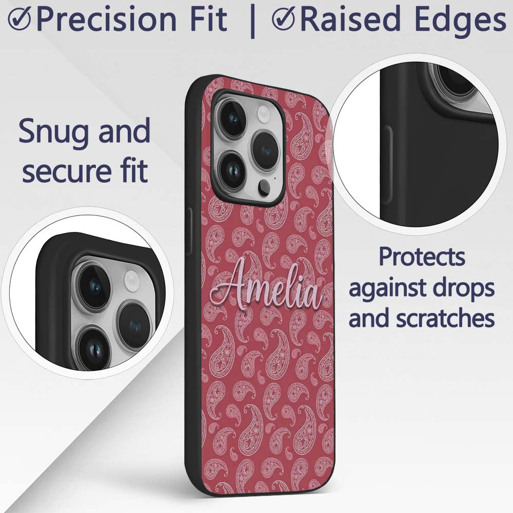 Elegant White Paisley Pattern Red Background Name Custom Name Protective Phone Case Mobile Cover Durable Everyday Smartphone Shock Resistant