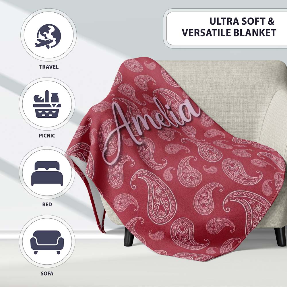 Elegant White Paisley Pattern Red Background Name Cute Unique Gift Personalised Custom Name Super Soft Fleece Blanket Bed Sofa Throw