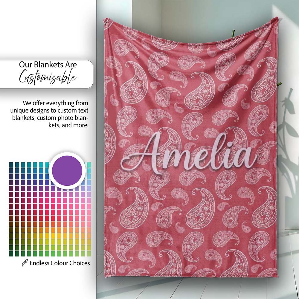 Elegant White Paisley Pattern Red Background Name Cute Unique Gift Personalised Custom Name Super Soft Fleece Blanket Bed Sofa Throw