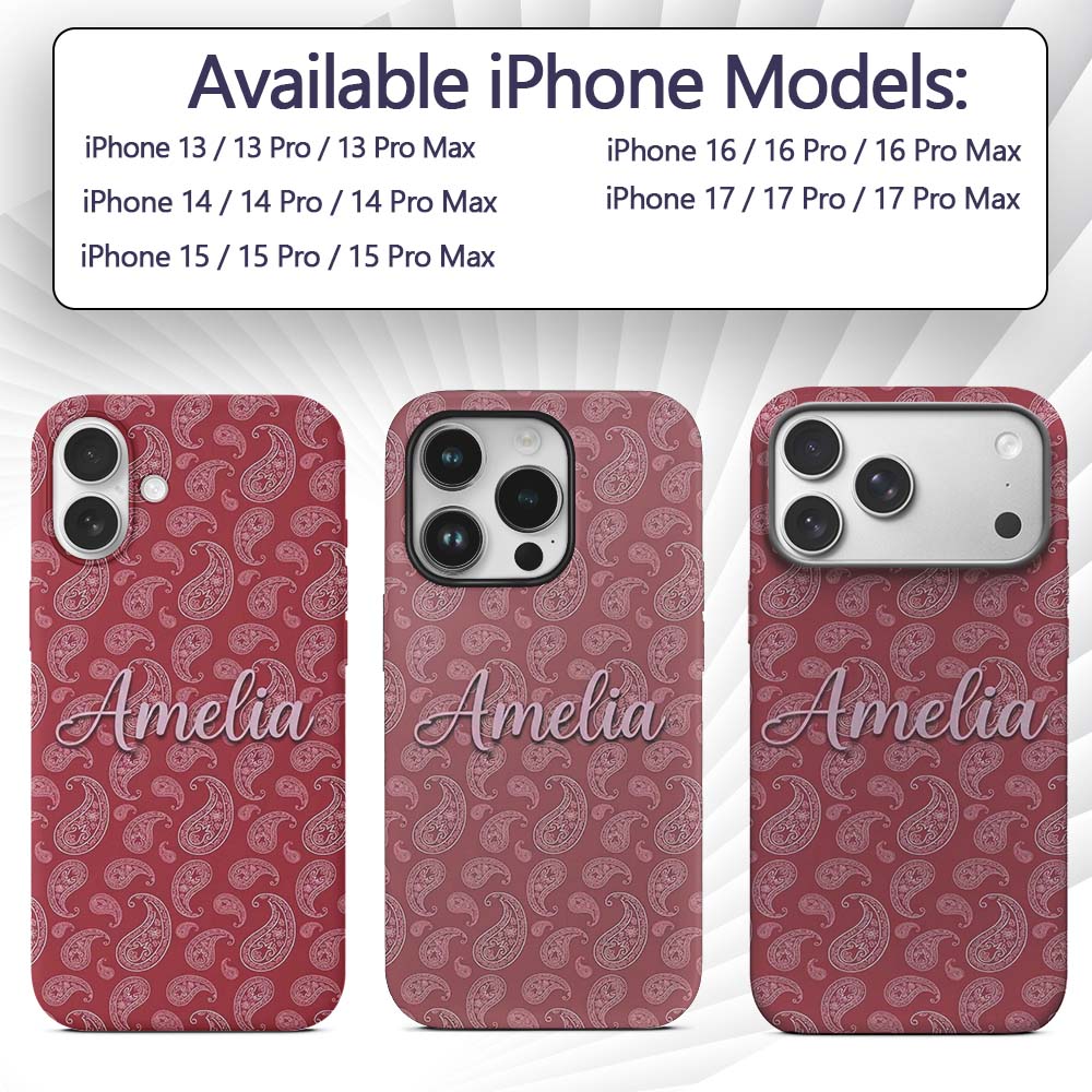 Elegant White Paisley Pattern Red Background Name Custom Name Protective Phone Case Mobile Cover Durable Everyday Smartphone Shock Resistant