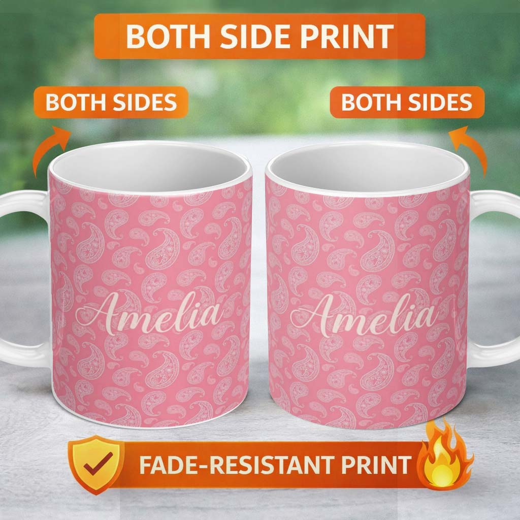 Personalized Custom Name Elegant White Paisley Pattern Soft Pink Gradient Background 11oz Ceramic Coffee Tea Mug White Large Handle