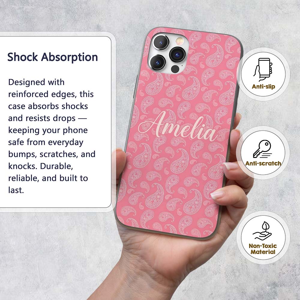 Elegant White Paisley Pattern Soft Pink Gradient Custom Name Protective Phone Case Mobile Cover Durable Everyday Smartphone Shock Resistant