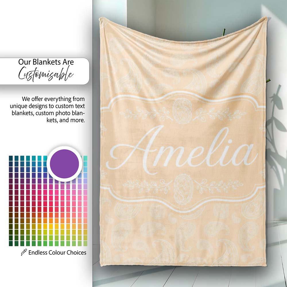 Elegant White Paisley Pattern Beige Gold Gradient Background Personalised Custom Name Super Soft Fleece Blanket Bed Sofa Throw