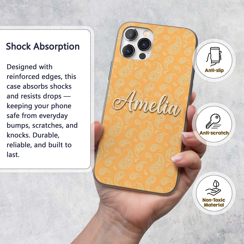 Elegant White Paisley Pattern Warm Gold Gradient Custom Name Protective Phone Case Mobile Cover Durable Everyday Smartphone Shock Resistant