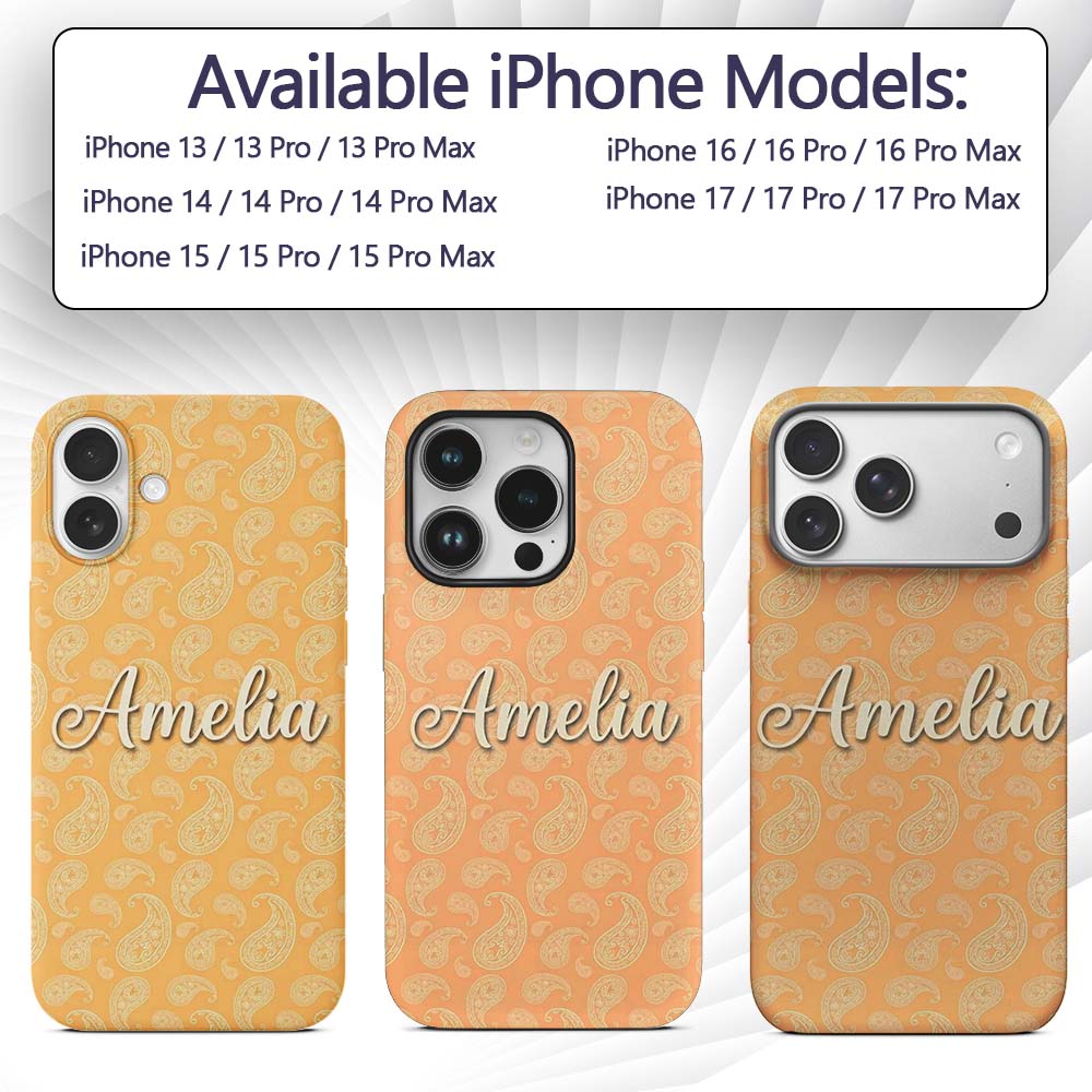 Elegant White Paisley Pattern Warm Gold Gradient Custom Name Protective Phone Case Mobile Cover Durable Everyday Smartphone Shock Resistant