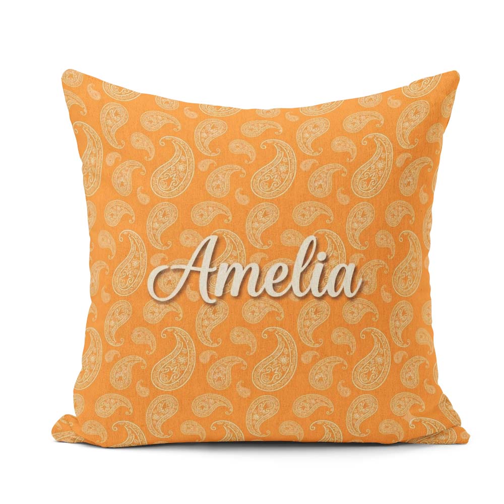 Custom Name Elegant White Paisley Pattern Deep Orange Background Square Filled Cushion Throw Pillow Sofa Bed Home Decor Zip Washable UK Made