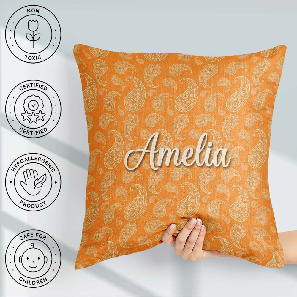 Custom Name Elegant White Paisley Pattern Deep Orange Background Square Filled Cushion Throw Pillow Sofa Bed Home Decor Zip Washable UK Made
