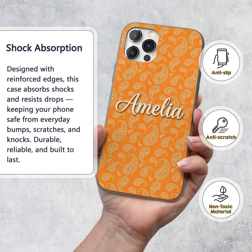 Elegant White Paisley Pattern Deep Printed Design Custom Name Protective Phone Case Mobile Cover Durable Everyday Smartphone Shock Resistant