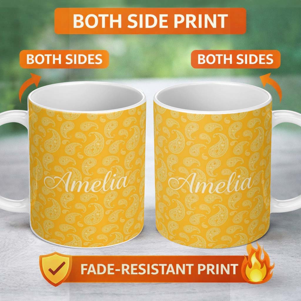 Personalized Custom Name Elegant White Paisley Pattern Yellow Gradient Background Seamless 11oz Ceramic Coffee Tea Mug White Large Handle