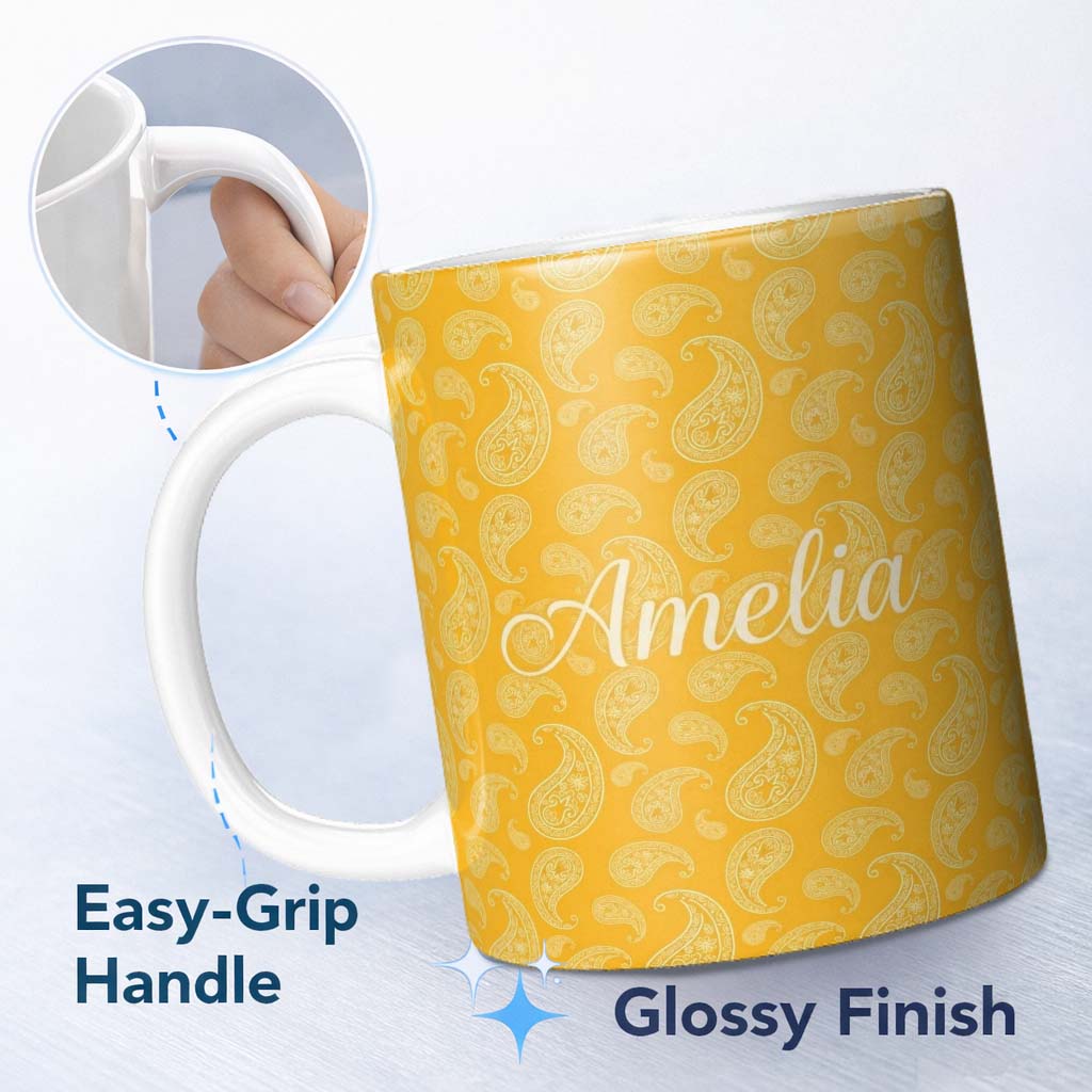 Personalized Custom Name Elegant White Paisley Pattern Yellow Gradient Background Seamless 11oz Ceramic Coffee Tea Mug White Large Handle