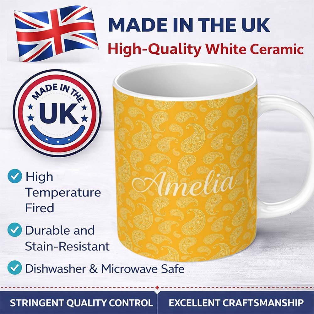 Personalized Custom Name Elegant White Paisley Pattern Yellow Gradient Background Seamless 11oz Ceramic Coffee Tea Mug White Large Handle