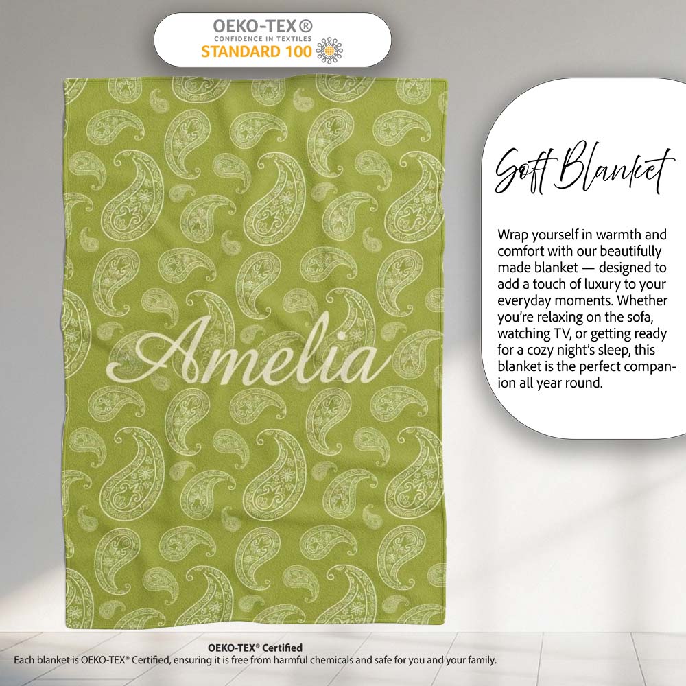 Elegant White Paisley Pattern Olive Green Gradient Background Personalised Custom Name Super Soft Fleece Blanket Bed Sofa Throw