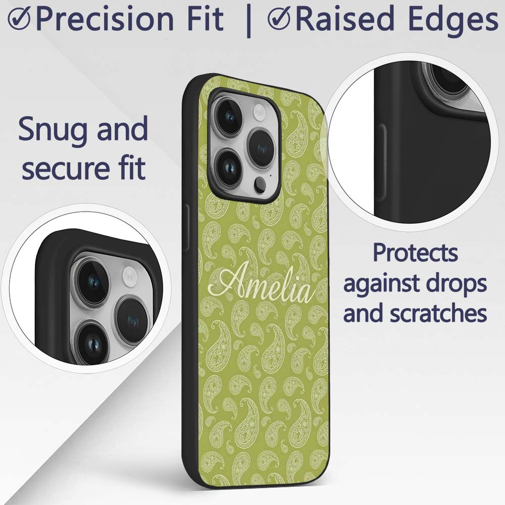 Elegant White Paisley Pattern Printed Design Custom Name Protective Phone Case Mobile Cover Durable Everyday Smartphone Shock Resistant