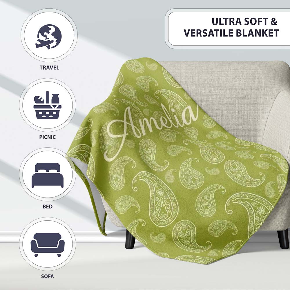 Elegant White Paisley Pattern Olive Green Gradient Background Personalised Custom Name Super Soft Fleece Blanket Bed Sofa Throw