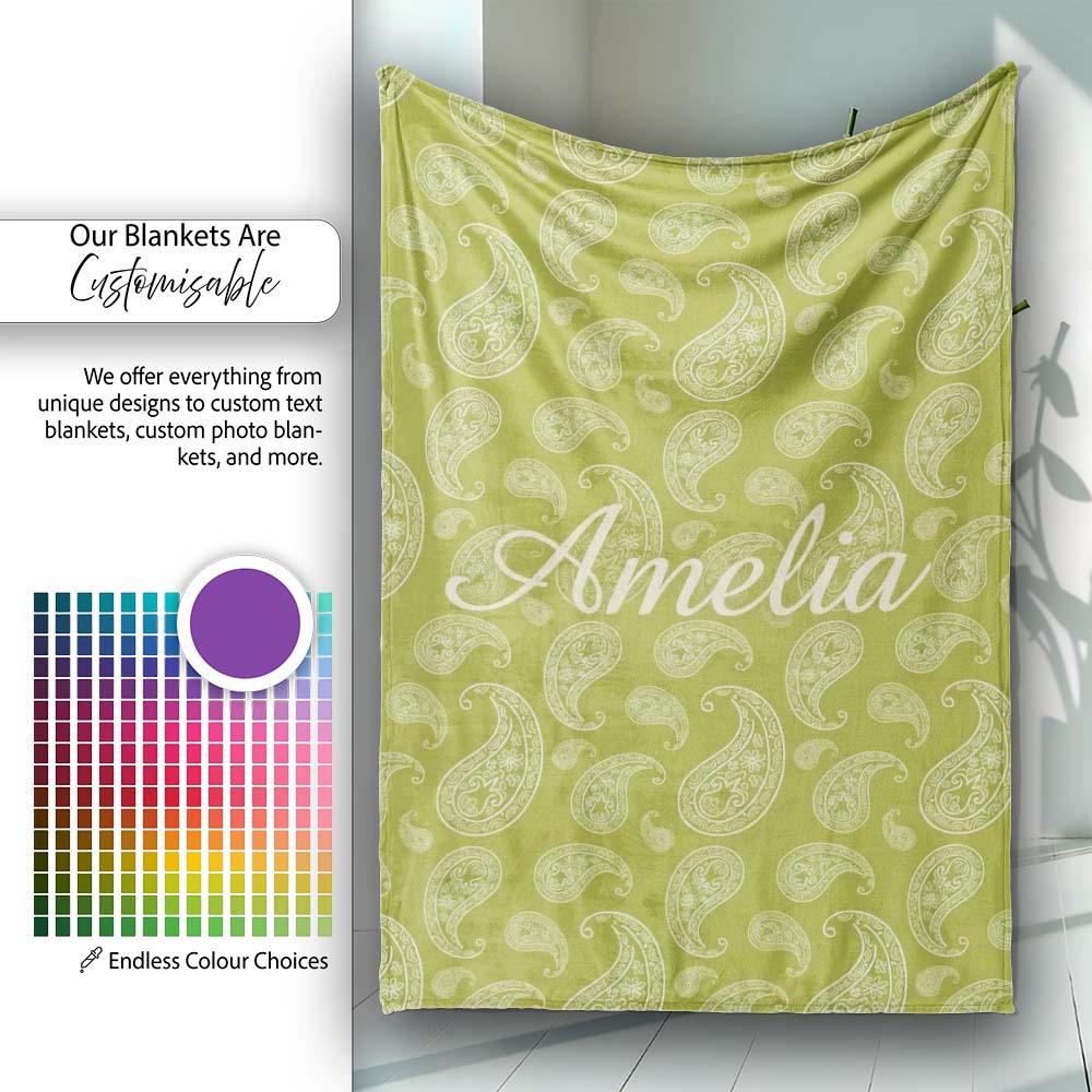 Elegant White Paisley Pattern Olive Green Gradient Background Personalised Custom Name Super Soft Fleece Blanket Bed Sofa Throw