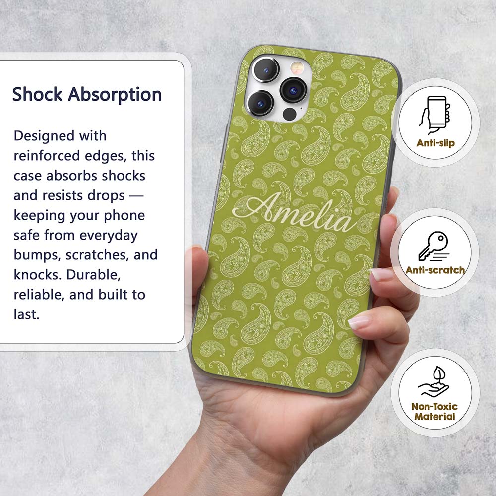 Elegant White Paisley Pattern Printed Design Custom Name Protective Phone Case Mobile Cover Durable Everyday Smartphone Shock Resistant