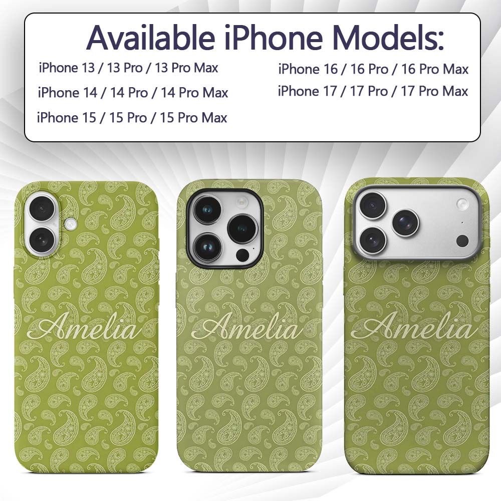 Elegant White Paisley Pattern Printed Design Custom Name Protective Phone Case Mobile Cover Durable Everyday Smartphone Shock Resistant