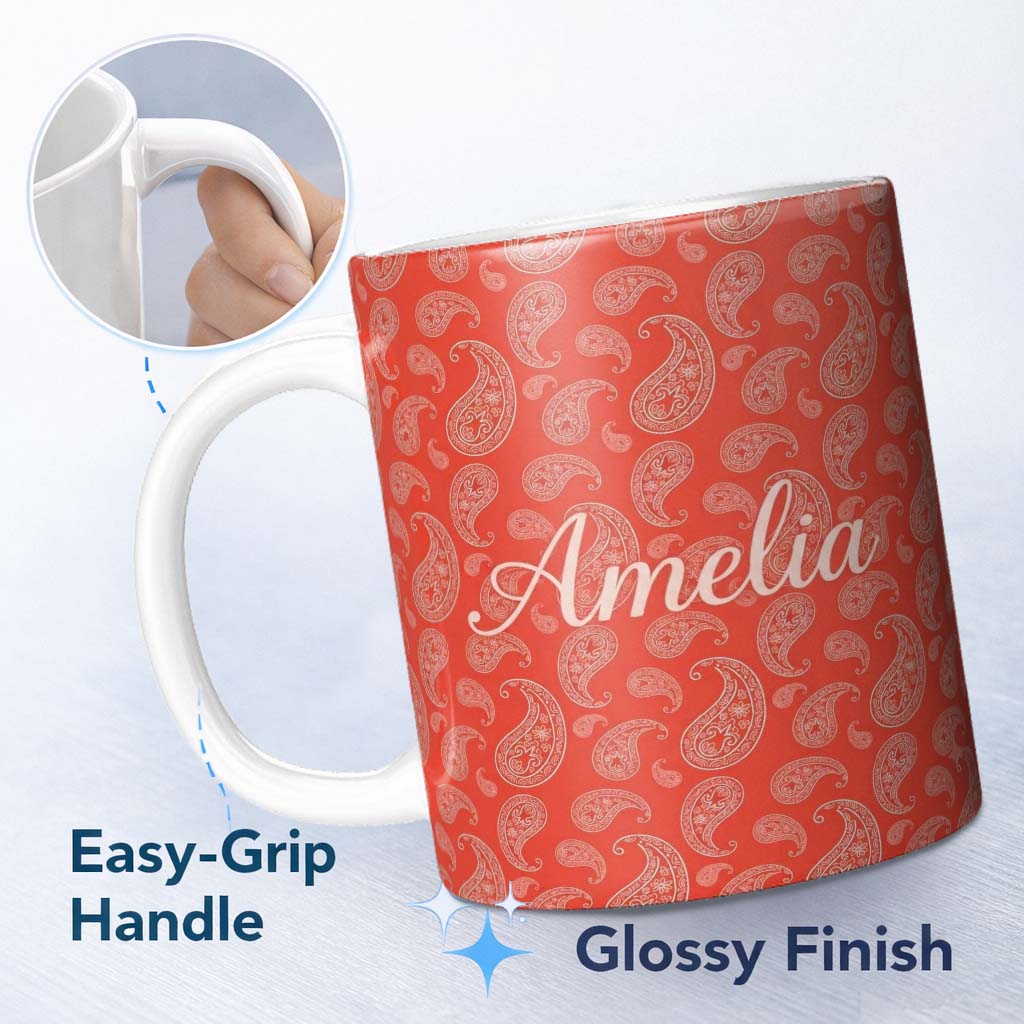 Personalized Custom Name Elegant White Paisley Pattern Colar Gradient Background Seamless 11oz Ceramic Coffee Tea Mug White Large Handle