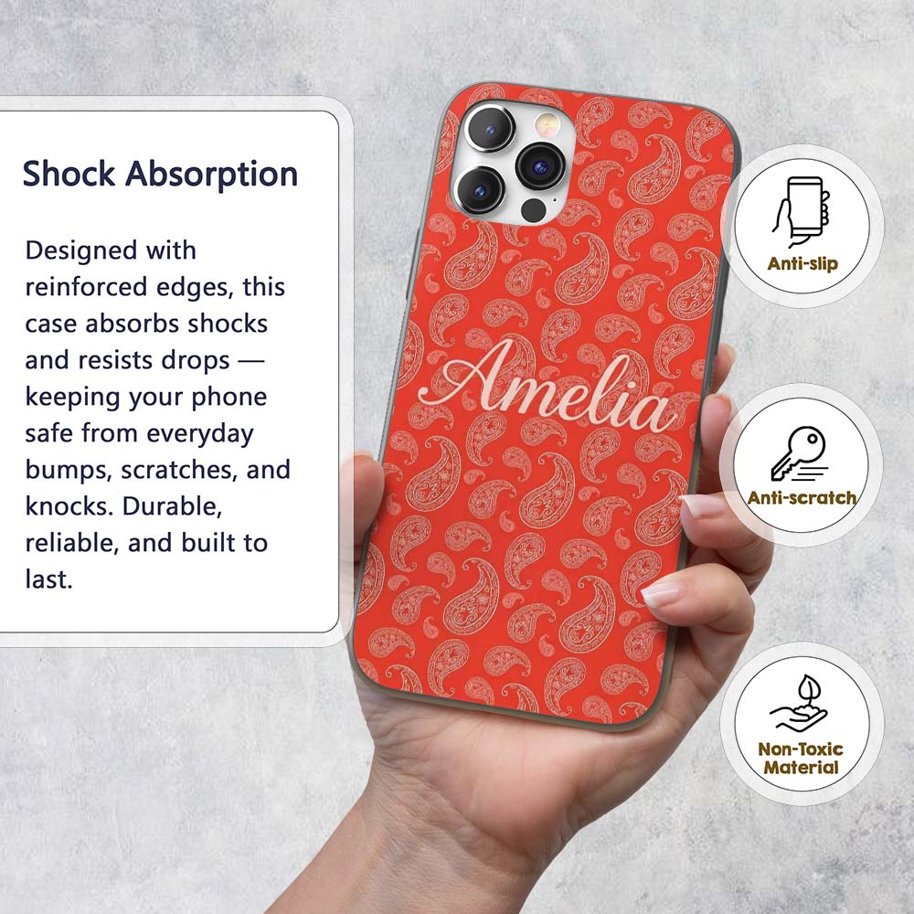 Elegant White Paisley Pattern Colar Gradient Custom Name Protective Phone Case Mobile Cover Durable Everyday Smartphone Shock Resistant