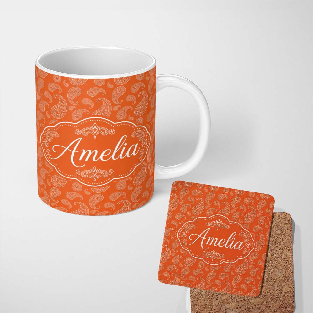 Personalized Custom Name Elegant White Paisley Pattern Sunset Orange Gradient Background 11oz Ceramic Coffee Tea Mug White Large Handle